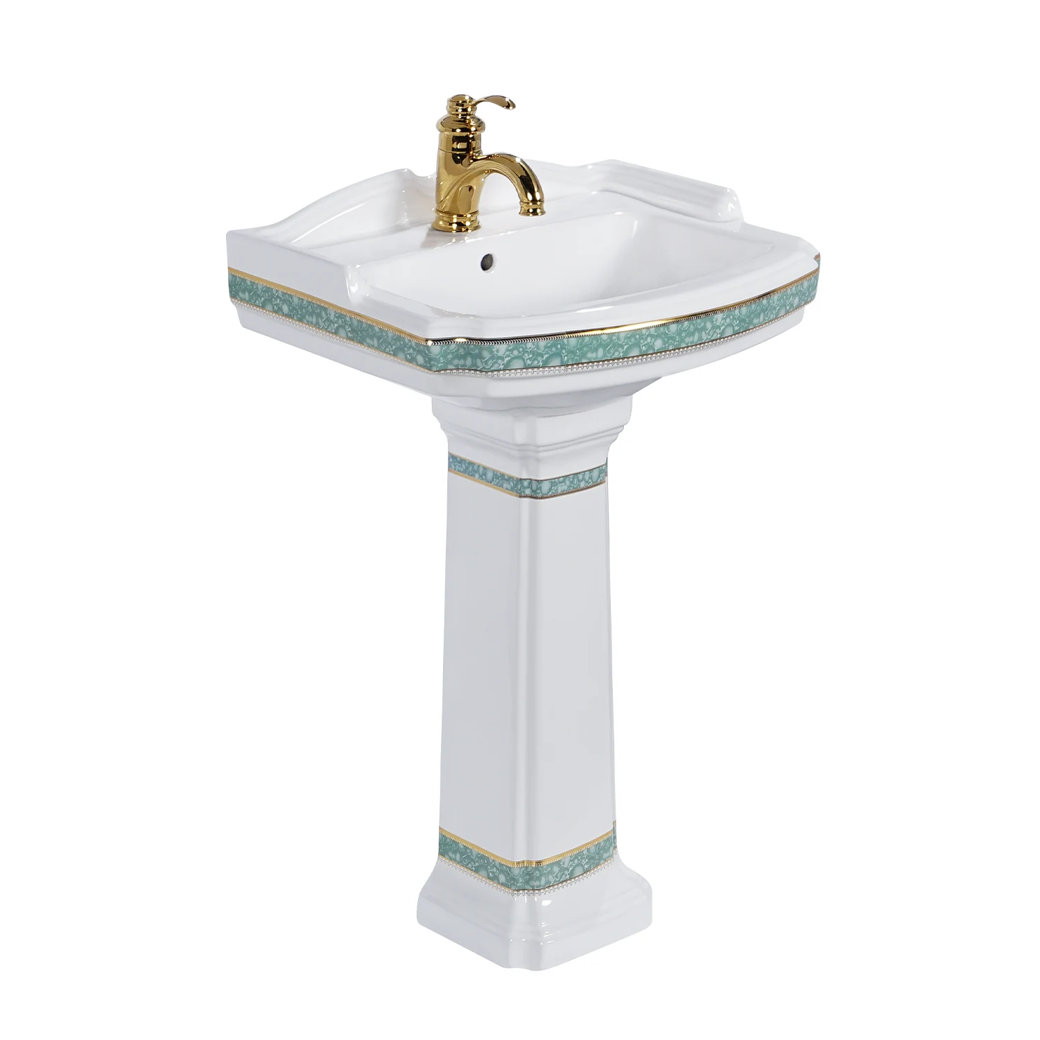 Luxurious Indian Reserved Decorative Ornate White and Green Patterns with Gold Accents heavy-duty Grade A Vitreous China ceramic Pedestal sink MB-2068-GG, by Meilong Ceramics